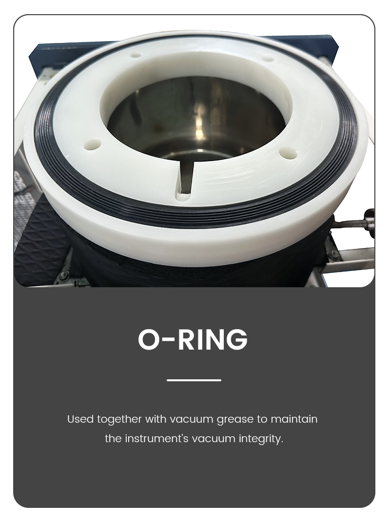 Infographic detail of Geliss vacuum freeze dryer O-ring seal component, highlighting the heavy-duty white flange and rubber ring for vacuum integrity.
